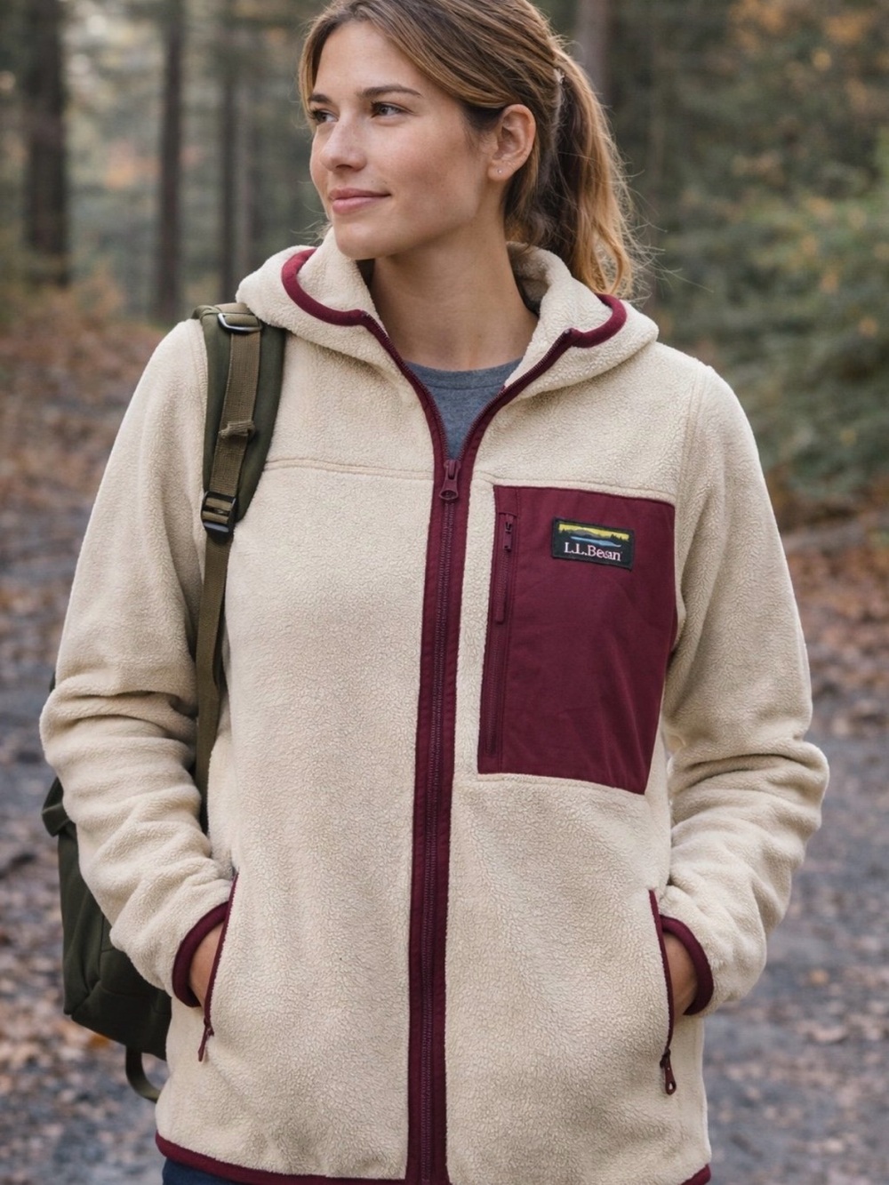 L.L. Bean Cream Fleece Jacket with Burgundy Trim and Chest Pocket